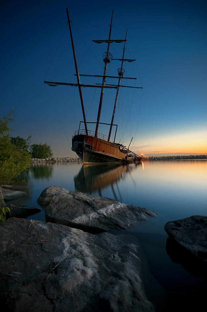 brown galleon ship on water during golden hour, jordan, jordan, HD wallpaper