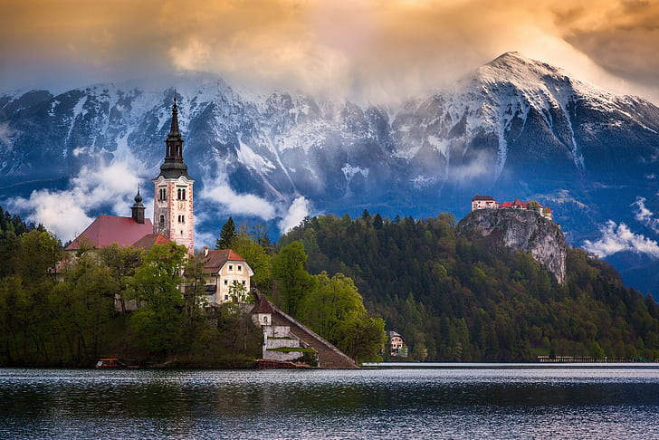 Slovenia, Lake Bled, the mountains, the Julian Alps, HD wallpaper