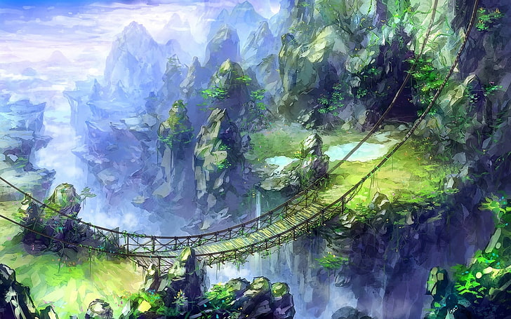 bridge painting, drawing, beauty in nature, tranquility, plant, HD wallpaper