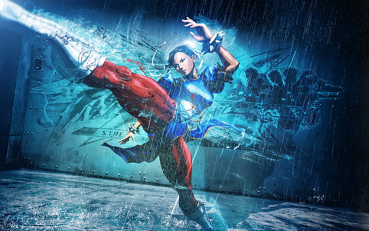 Street Fighter Chun-Li illustration, kick, Video Game Art, cyan, HD wallpaper