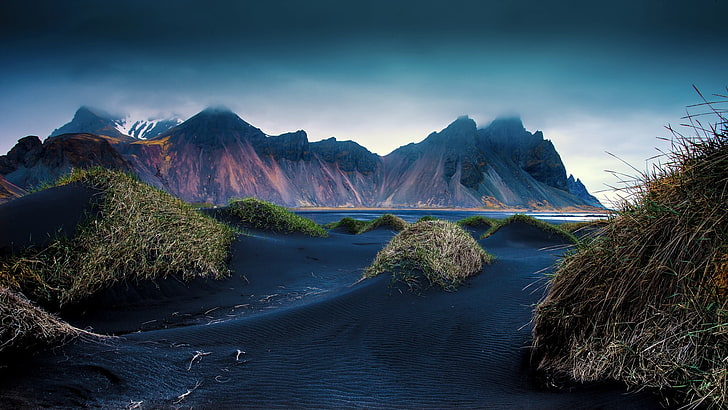 mountains, beach, black, sand, dune, Iceland, cliff, grass, HD wallpaper