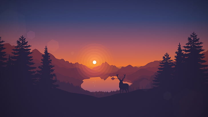 drawing deer artwork silhouette landscape nature digital art trees pine trees sunset lake hill animals vectors warm colors