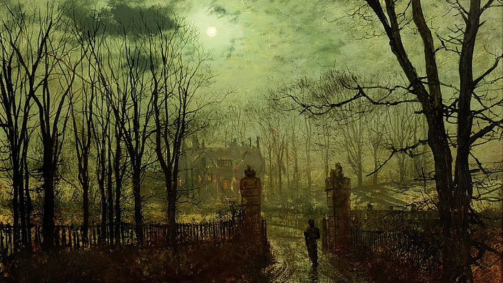 painting, classic art, John Atkinson Grimshaw, night, Moon