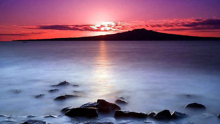 shore, auckland, dawn, volcano, morning, coast, sunrise, rangitoto, HD wallpaper