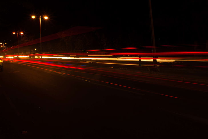 cars, high speed photography, light streaks, lights, low shutter speed