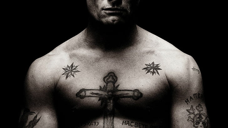 Mafia, Tattoo, Muscles, Russian, Prison, Men, Viggo Mortensen, black cross breast tattoo
