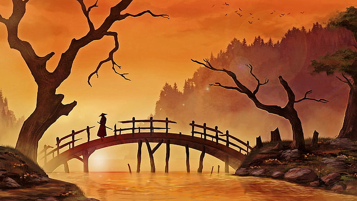 silhouette of person on top of bridge, silhouette of samurai on bridge illustration