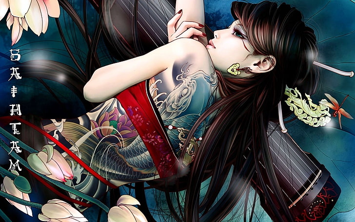 black haired anime character with tattoo wallpaper, asian, babes