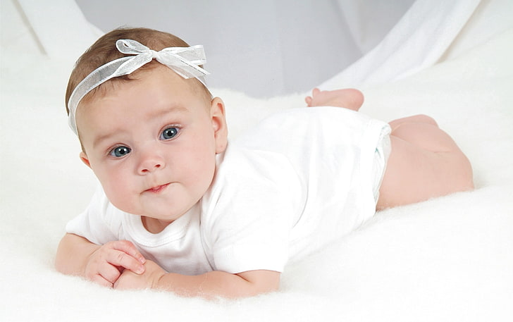 Baby Laying, baby's white short-sleeved onesie, cute, young, child, HD wallpaper