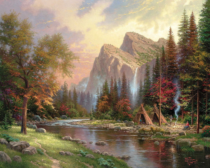 two brown shed beside river surrounded by trees painting, mountains