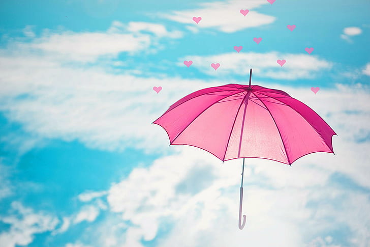 HD wallpaper: ?Love in the Air?, pink umbrella and heart decor and white  clouds and blue skies poster | Wallpaper Flare