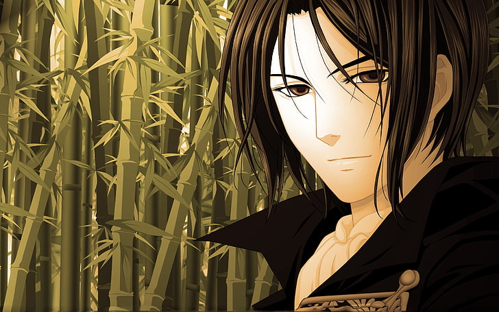 black-haired male anime character illustration, eyes, look, bamboo