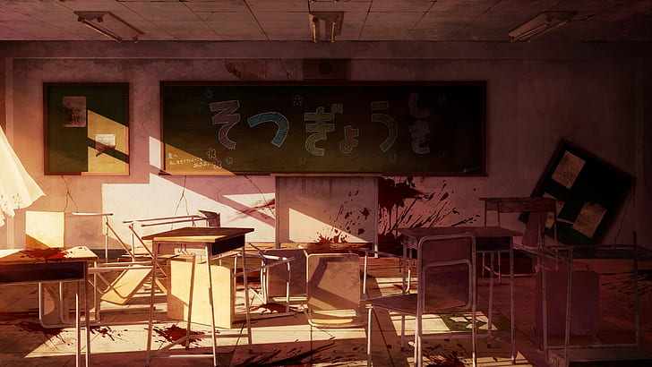 sunlight, anime, dark, classroom, Gakkou Gurashi!, chair, blood, HD wallpaper