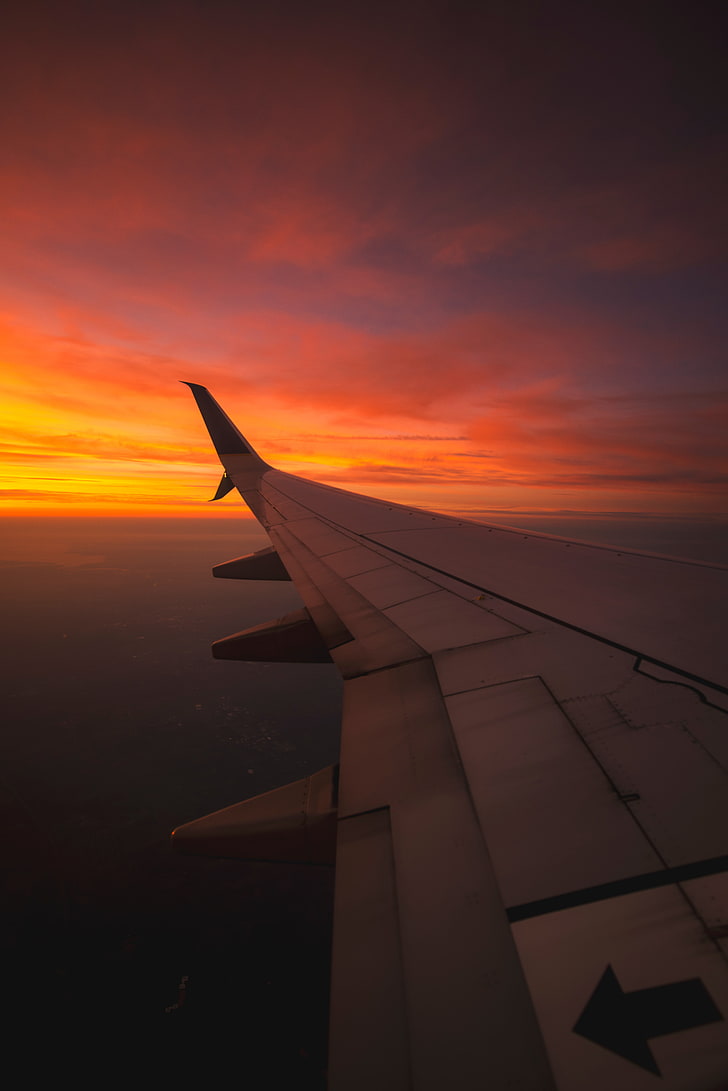 gray airplane wing, wing aircraft, flight, sky, sunset, air vehicle, HD wallpaper