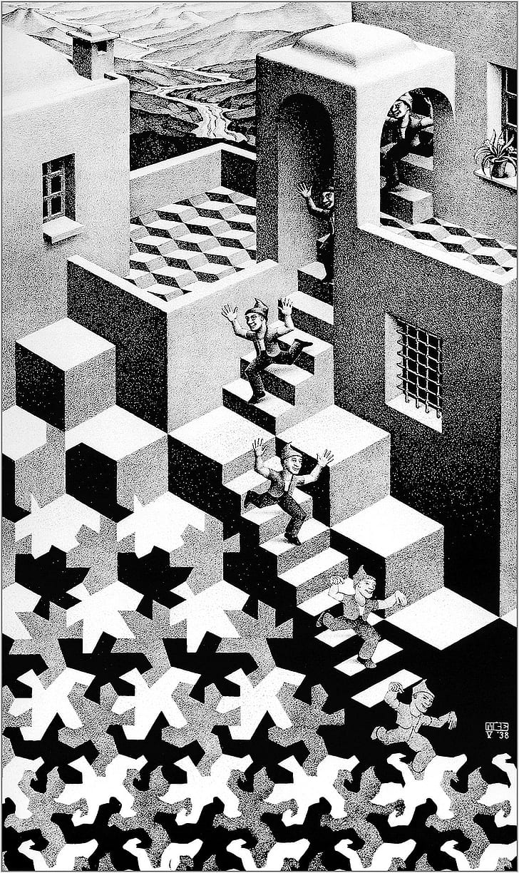 artwork, building, cube, Lithograph, M. C. Escher, monochrome