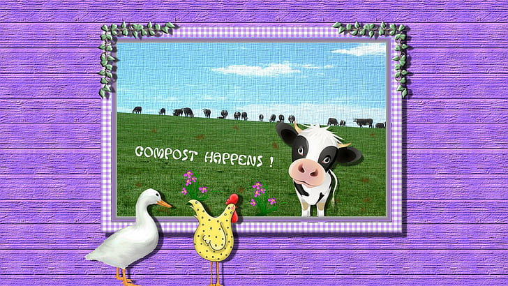 Compost Happens, duck, pasture, cows, chicken, 3d and abstract