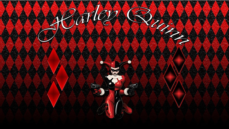 Harley Quinn text overlay, artwork, red, mammal, indoors, no people