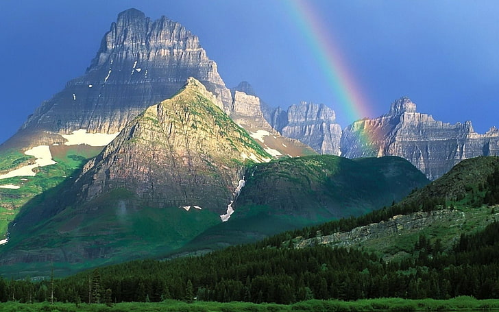 gray mountain, rainbow, mountains, wood, green, nature, scenics, HD wallpaper