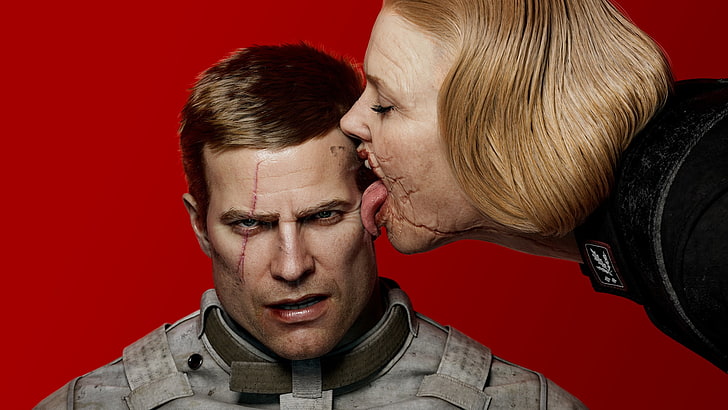 men's gray collared top, red background, Wolfenstein II: The New Colossus