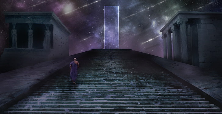 man standing on stair, landscape, environment, concept art, path
