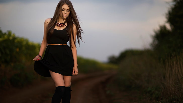 women's black sleeveless dress, depth of field, black dress, brunette, HD wallpaper
