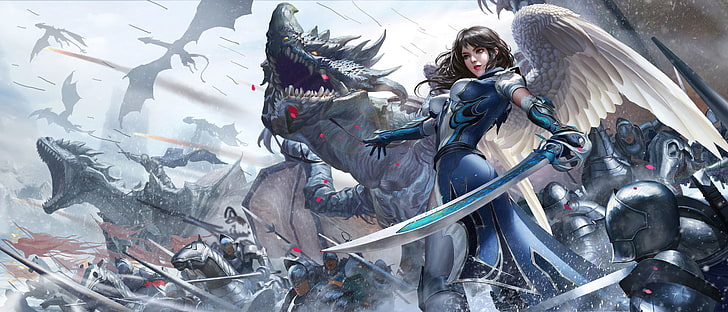video game screenshot, fantasy art, magic, warrior, sword, dragon, HD wallpaper