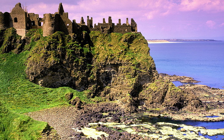 landscape, castle, Dunluce Castle, ruin, Ireland, nature, cliff