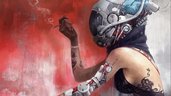 woman wearing grey helmet illustration, woman wearing helmet with robot arm, HD wallpaper