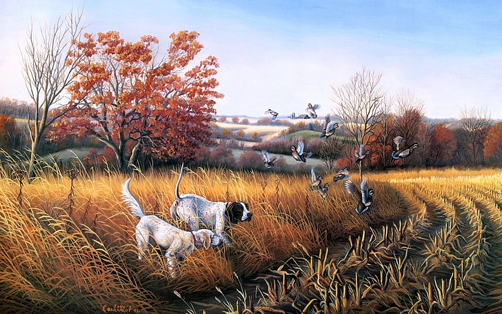 dogs on grass painting, birds, landscape, fall,  John S. Eberhardt, HD wallpaper