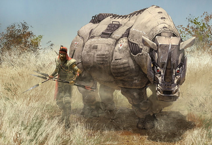 armored rhino digital wallpaper, science fiction, day, nature