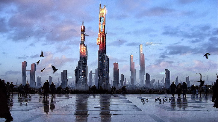 high-rise building wallpaper, digital art, cityscape, futuristic city, HD wallpaper