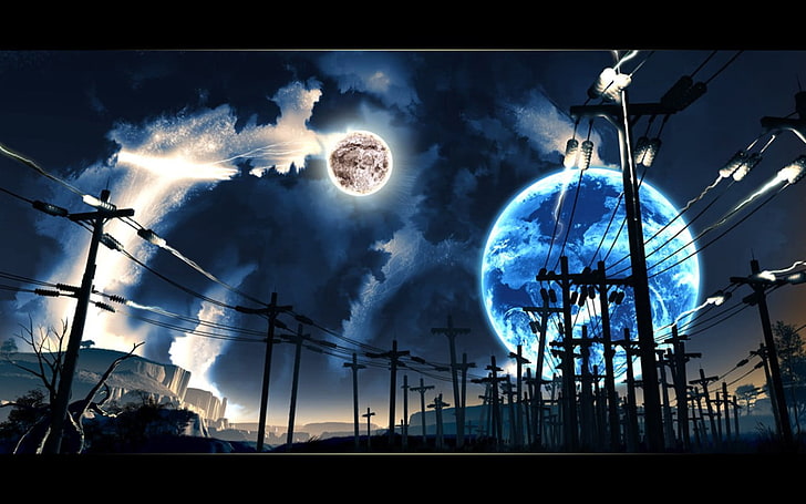 blue moon illustration, digital art, space, sky, cloud - sky