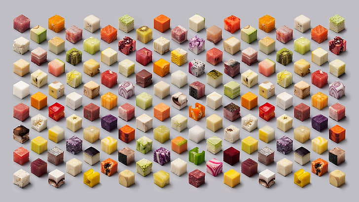 assorted-color dice lot, cube, minimalism, melons, kiwi (fruit), HD wallpaper