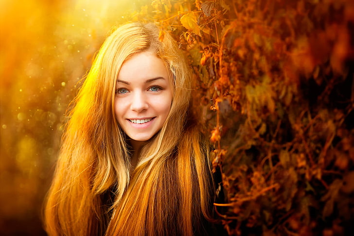 woman's face, women outdoors, model, smiling, blue eyes, fall, HD wallpaper