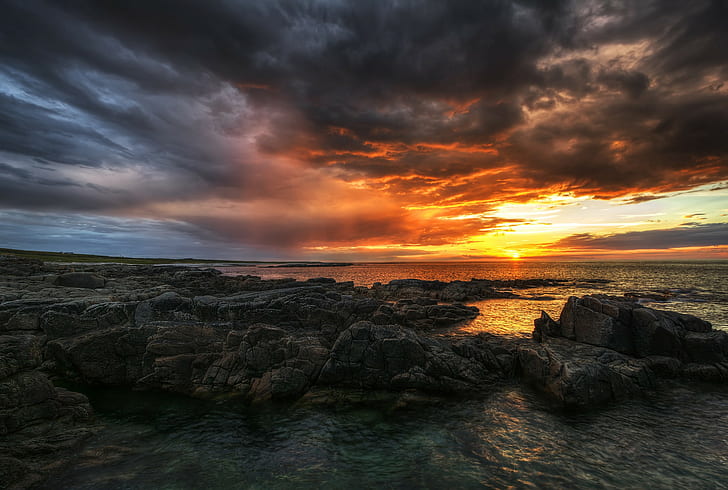 Ireland, County Donegal, Sea, beach, rocks, Sunset, HD wallpaper
