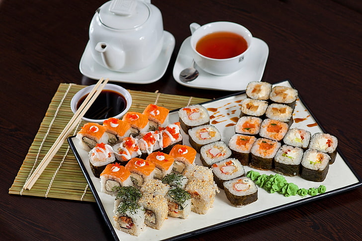 sushi, soy sauce, tea, chopsticks, japanese food, food and drink