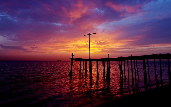 Bahrain, Persian Gulf, sea, pier, sunset, purple sky, HD wallpaper