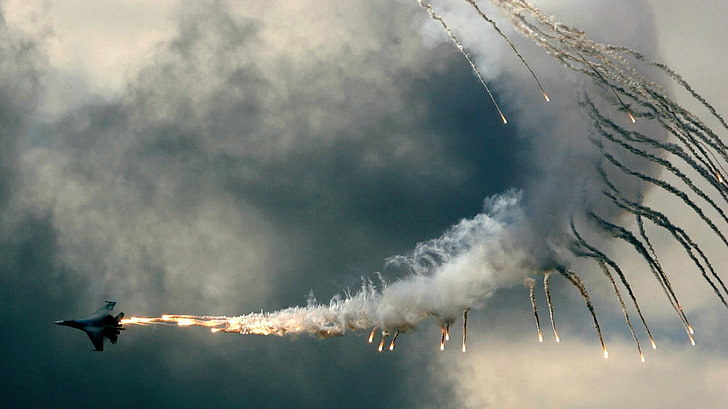black jetplane, smoke, sky, clouds, fire, Sukhoi Su-27, smoke - physical structure