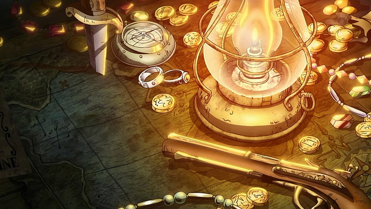 One Piece, treasure, gold, lamp, gun, anime, lantern, coins
