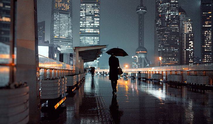 black umbrella, girl, lights, street, umbrellas, Shanghai, Oriental Pearl Shanghai, HD wallpaper