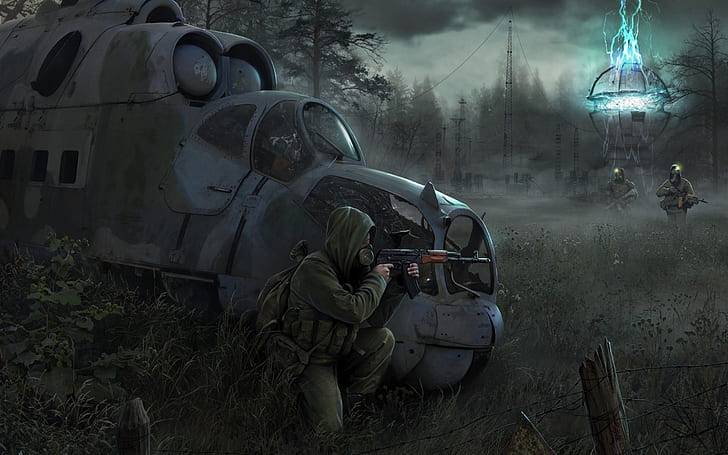 STALKER Game Scene, helicopter, war, gun, army, soldier, HD wallpaper