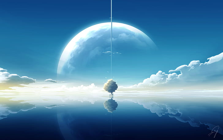 Anime, Original, Cloud, Planet, Reflection, Sky, Tree, Water