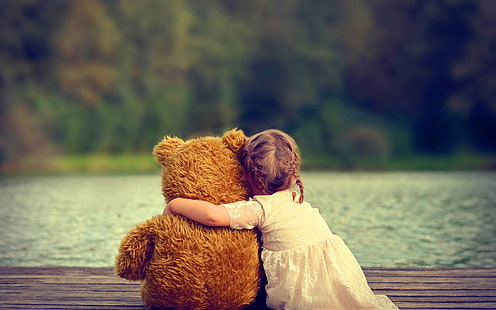 HD wallpaper: Cute Girl Hugging Teddy Bear, girl's white dress and brown  bear plush toy