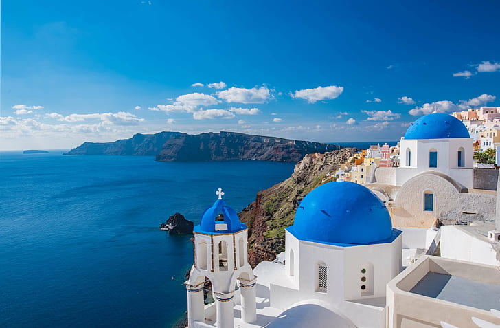 aegean, architecture, blue, building, church, cyclades, famous, HD wallpaper