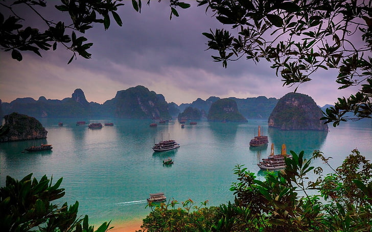 landscape, Ha Long Bay, Vietnam, nature, sea, ship, tropical, HD wallpaper