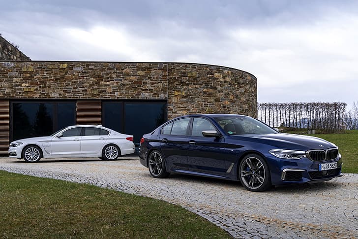 white, grass, pavers, BMW, hybrid, 5, dark blue, 2017, 5-series, HD wallpaper