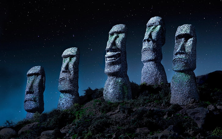 Stonehenge, Easter Island, Chile, starry night, statue, Moai