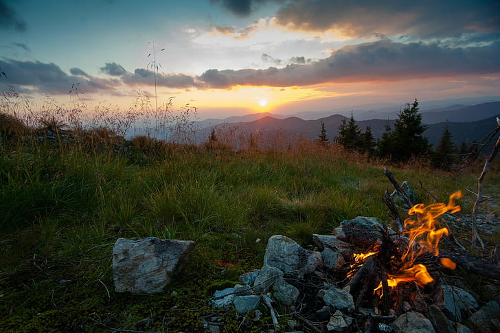 Carpathians Mountains, Ukraine, evening, fire