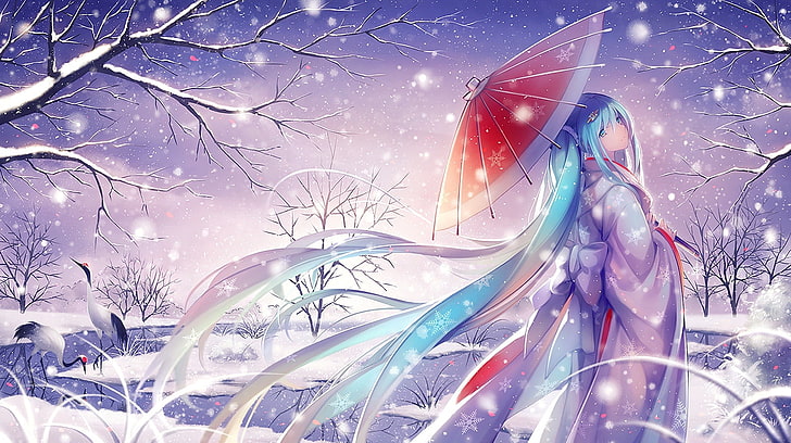 Kagura character, Vocaloid, Hatsune Miku, snow, traditional clothing, HD wallpaper