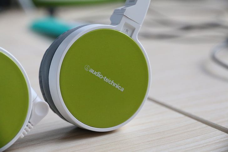green Audio-Technica headphones, technology, green color, table, HD wallpaper